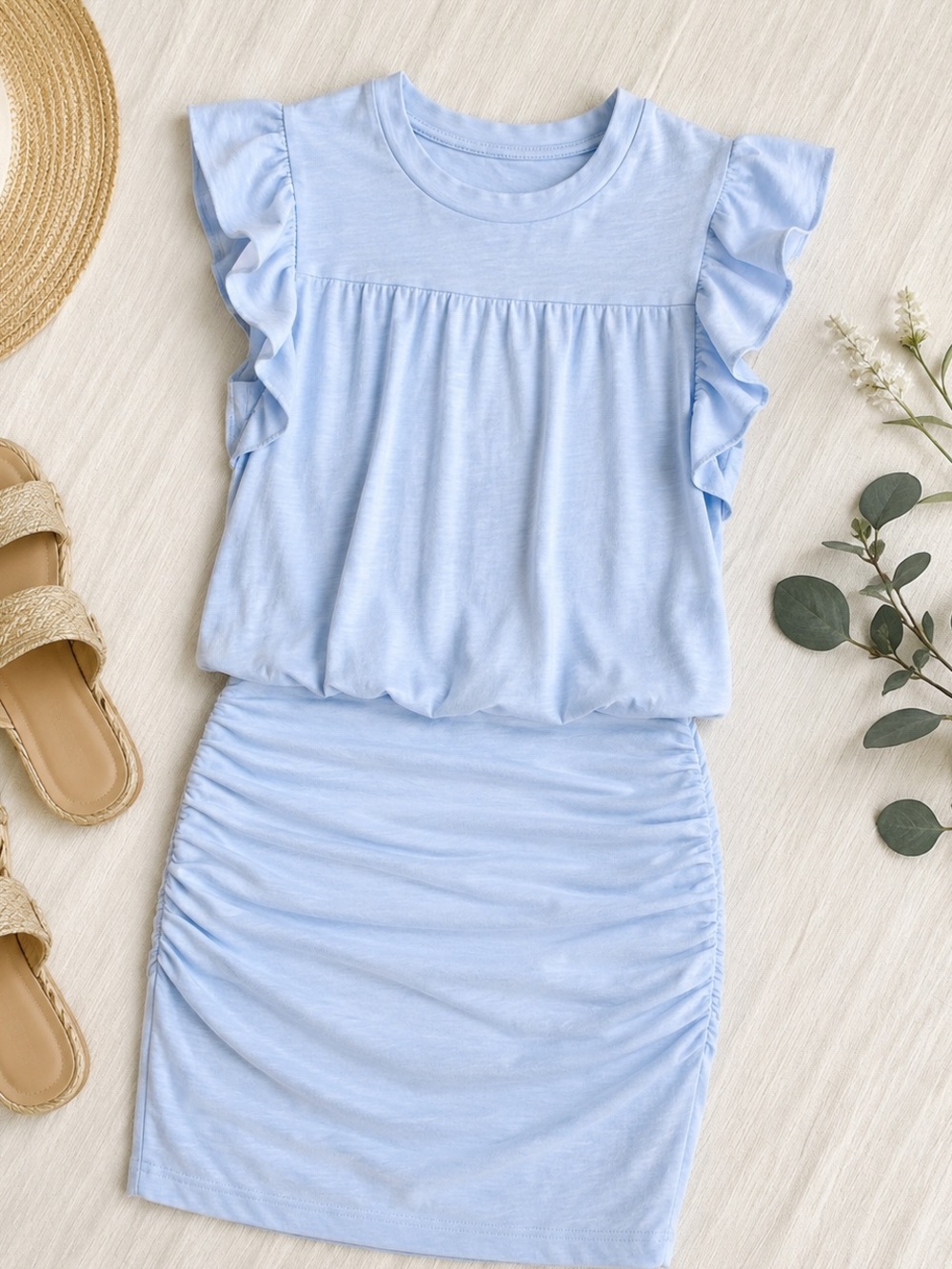 Sundry Light Blue Ruffle Sleeve Ruched Mini Dress Size 1 Small Cotton‎